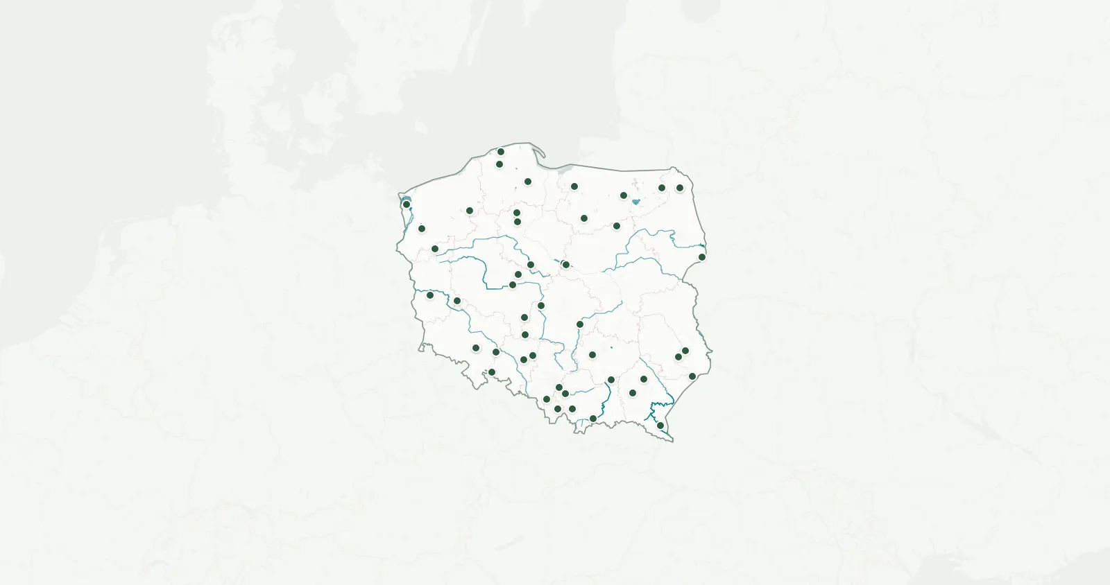 Mapa Polski z największymi jeziorami, rzekami i przykładami łowisk w każdym województwie — kliknij, aby otworzyć interaktywną mapę z filtrami